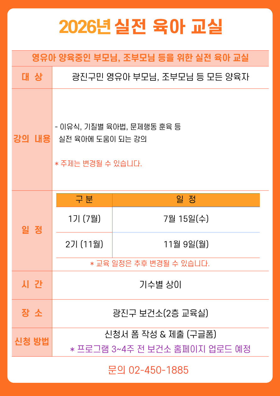 2026년 실전 육아 교실 안내. 영유아 양육 중인 부모 및 조부모 등을 위한 실전 육아 교육. 대상은 광진구민 영유아 부모님, 조부모님 등 모든 양육자. 강의 내용은 이유식, 기질별 육아법, 문제행동 훈육 등 실전 육아에 도움이 되는 강의로 구성되며, 주제는 변경될 수 있음. 일정은 1기 7월 15일(수), 2기 11월 9일(월). 교육 일정은 추후 변경될 수 있음. 시간은 기수별 상이. 장소는 광진구 보건소 2층 교육실. 신청 방법은 신청서 폼 작성 및 제출(구글폼), 프로그램 3~4주 전 보건소 홈페이지 업로드 예정. 문의 전화 02-450-1885.